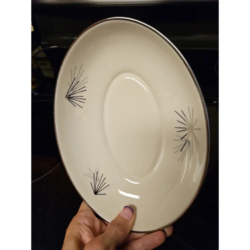 Vintage MCM Franciscan Silver Pine Atomic Pine Cones Oval Serving Bowl 8.75